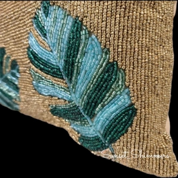 PACIFIC Paradise GOLD Green Teal Aqua Beaded Palm Leaf Tropical Throw Pillow New - Picture 4 of 13